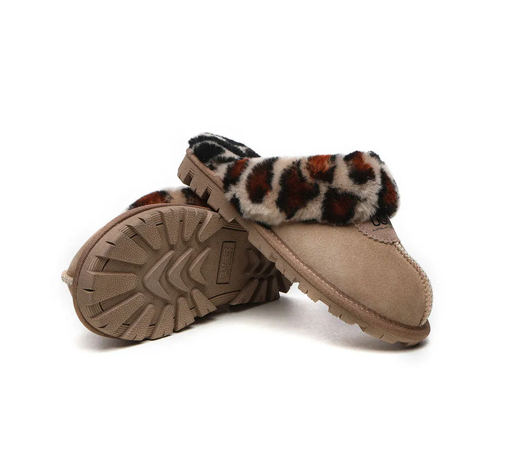 Womens Leopard Print Double-Faced Sheepskin Wool UGG House Slippers