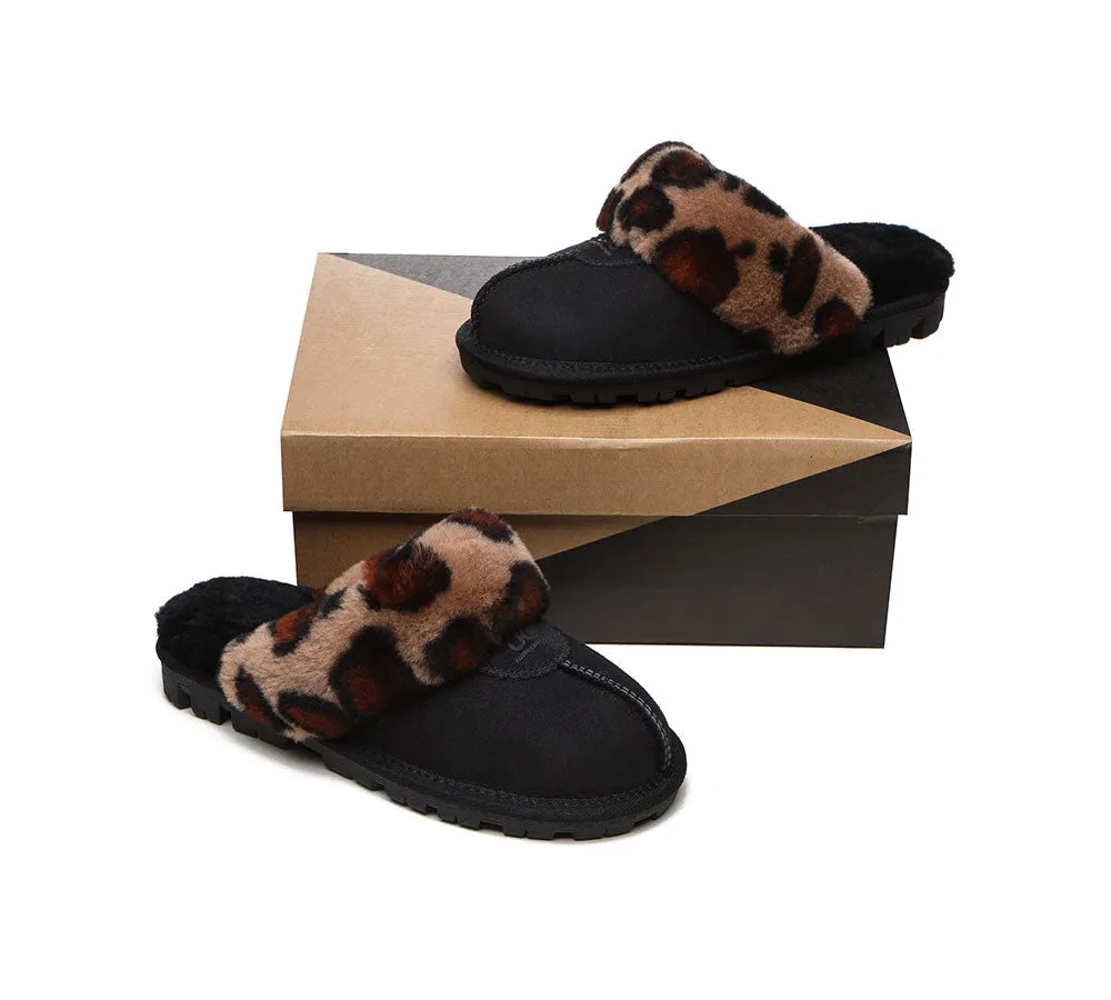 Womens Leopard Print Double-Faced Sheepskin Wool UGG House Slippers