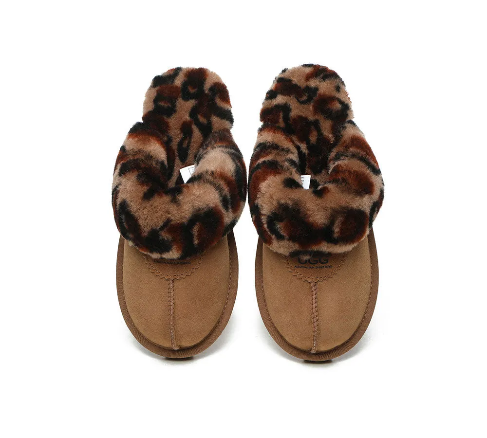 Womens Leopard Print Double-Faced Sheepskin Wool UGG House Slippers