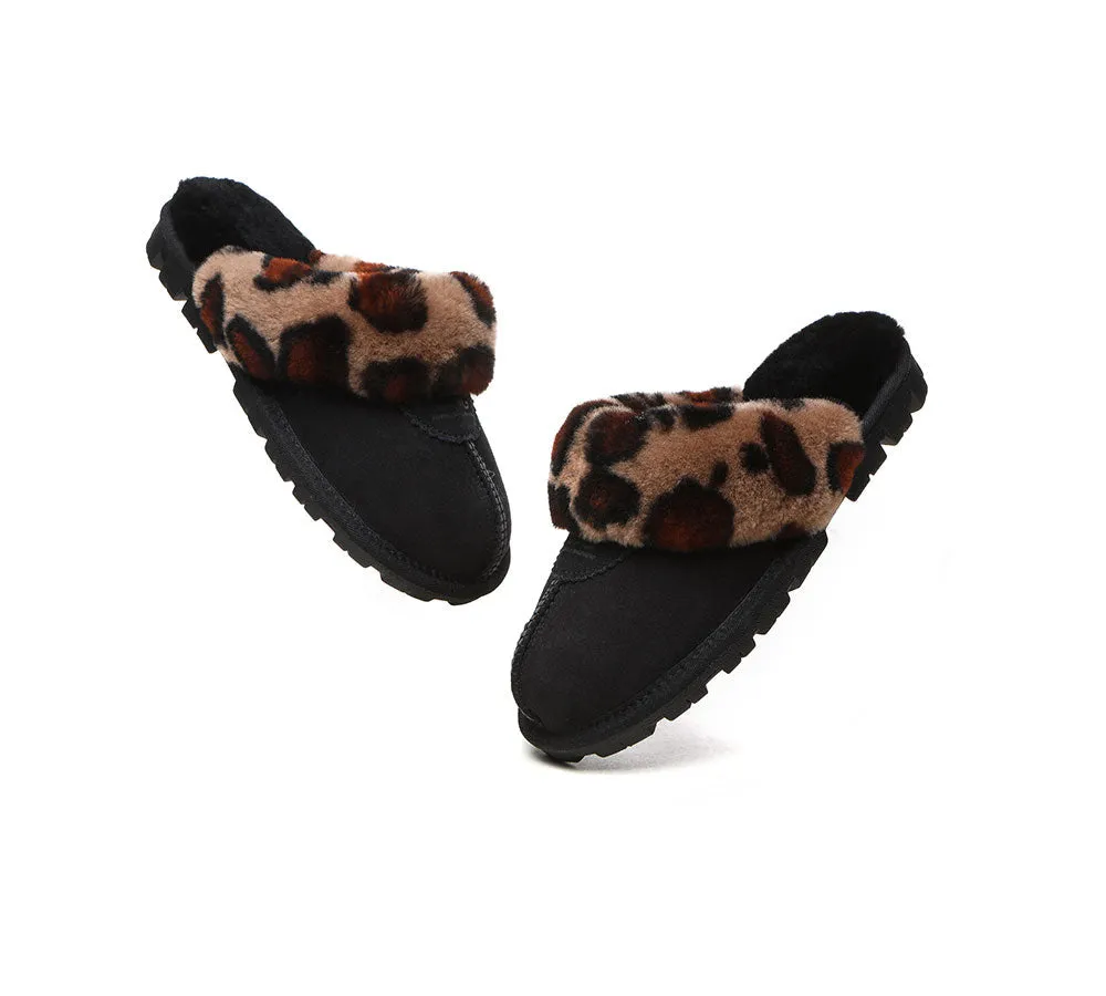 Womens Leopard Print Double-Faced Sheepskin Wool UGG House Slippers