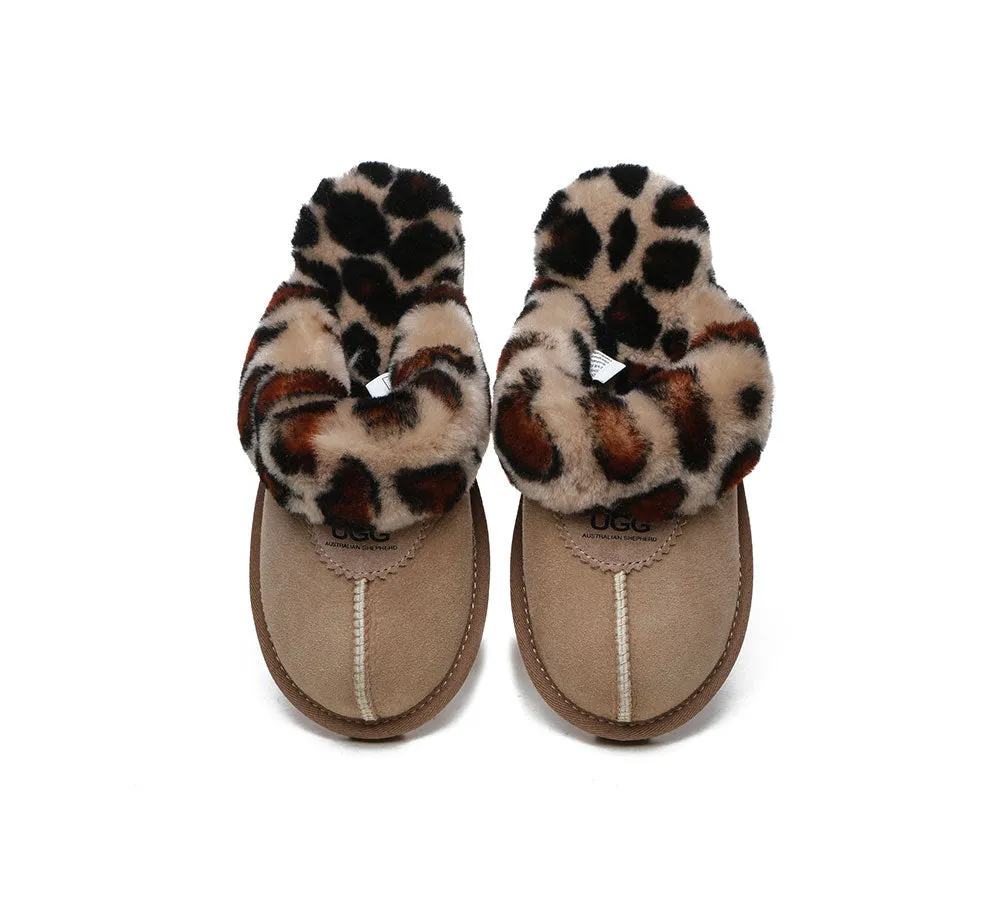 Womens Leopard Print Double-Faced Sheepskin Wool UGG House Slippers