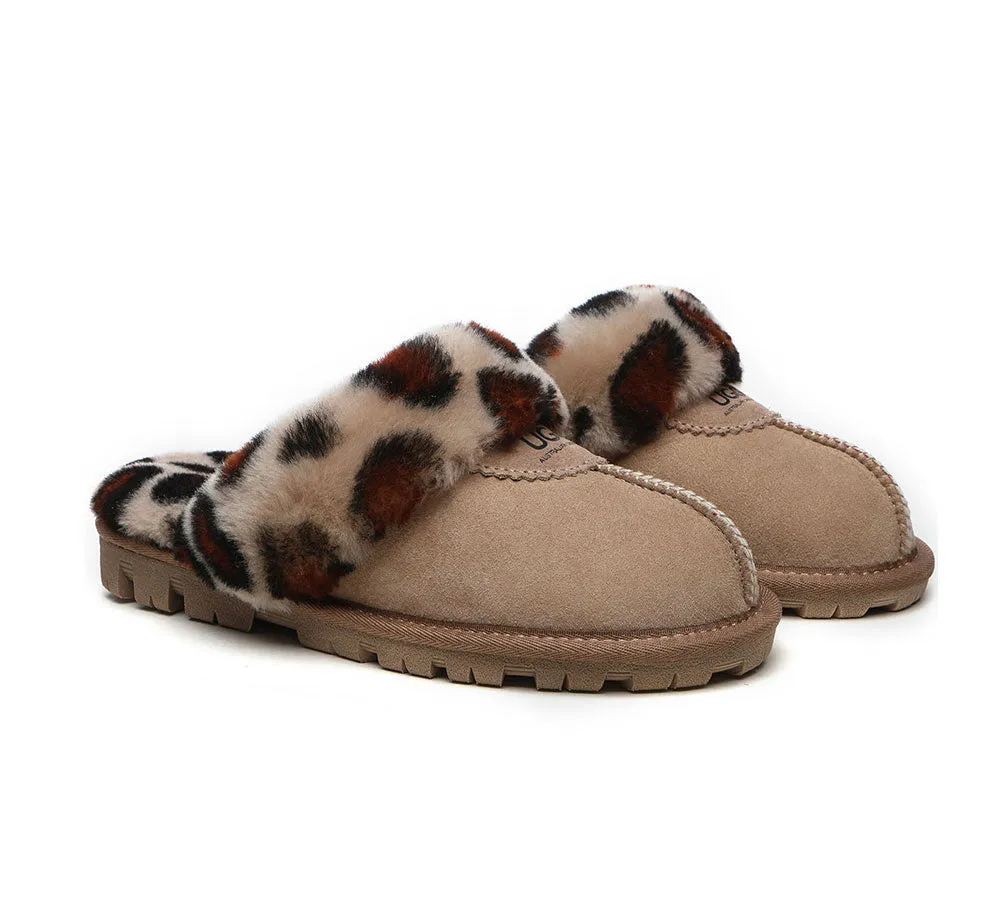 Womens Leopard Print Double-Faced Sheepskin Wool UGG House Slippers