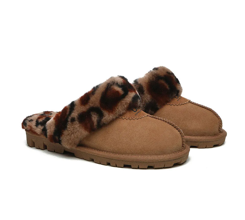 Womens Leopard Print Double-Faced Sheepskin Wool UGG House Slippers