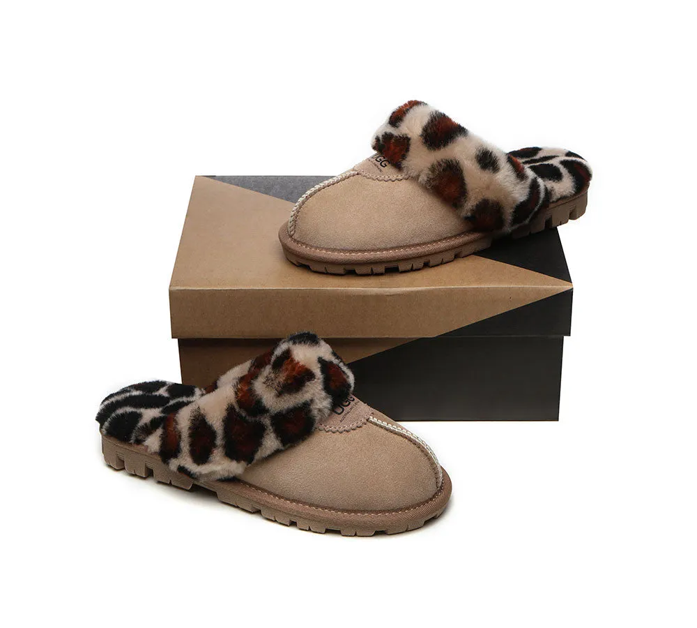 Womens Leopard Print Double-Faced Sheepskin Wool UGG House Slippers