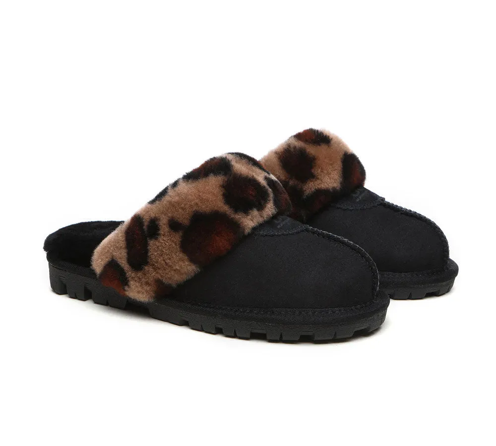 Womens Leopard Print Double-Faced Sheepskin Wool UGG House Slippers